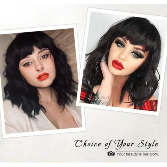 Black Wavy Synthetic Wig With Bangs Adjustable Cap 14" Length - Soft & Ventilate - Picture 3 of 4
